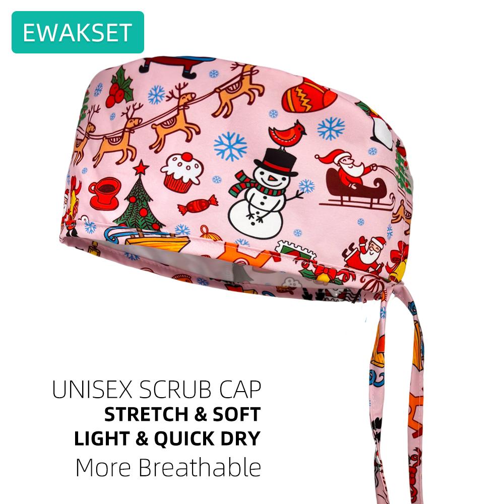 Christmas Scrub Cap Fast Dry Micro Elastic Surgical Hat Santa Claus Snowman Reindeer Printed Nurse Doctor Working Cap Gift for Medics