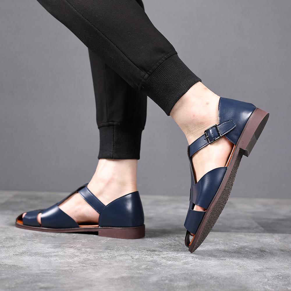Mode Neue Herren Einfarbige Leder Atmungsaktive Freizeit Sandalen Retro Verschluss Ausschnitt Strandschuh Bequem Runde Zehe Rutschfest Flache Schuhe