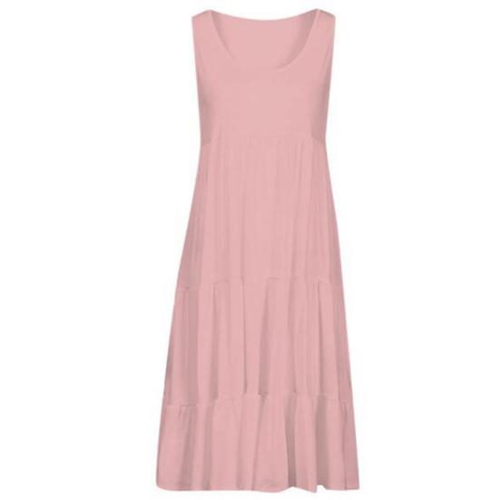 Plus Size Women Solid Color Sleeveless O Neck Stitching Pleated A-line Dress