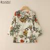 ZANZEA Women Casual Round Neck 3/4 Sleeve Loose Floral Cotton Blouse