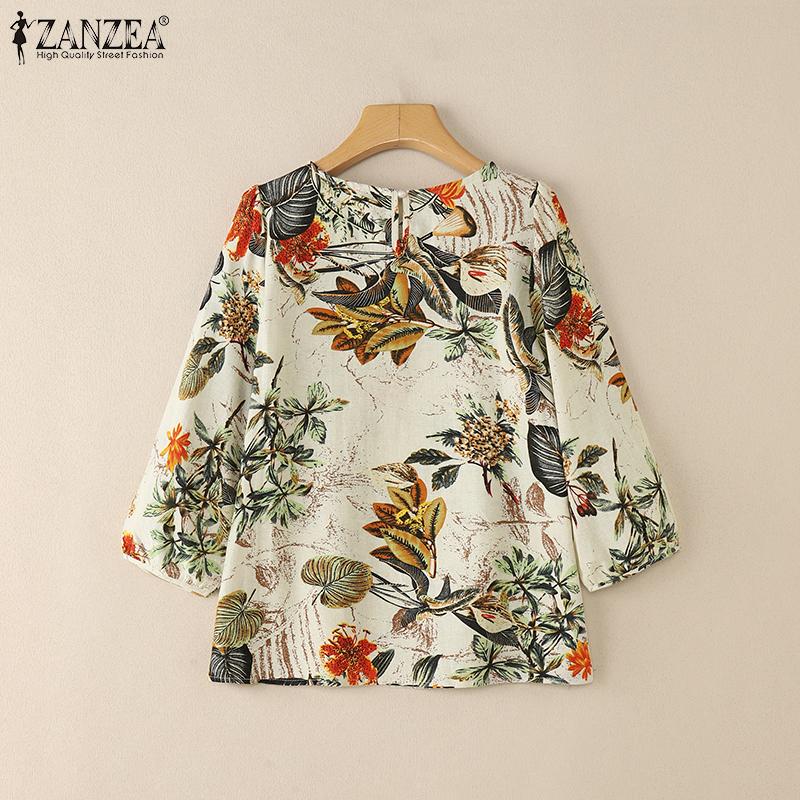 ZANZEA Women Casual Round Neck 3/4 Sleeve Loose Floral Cotton Blouse