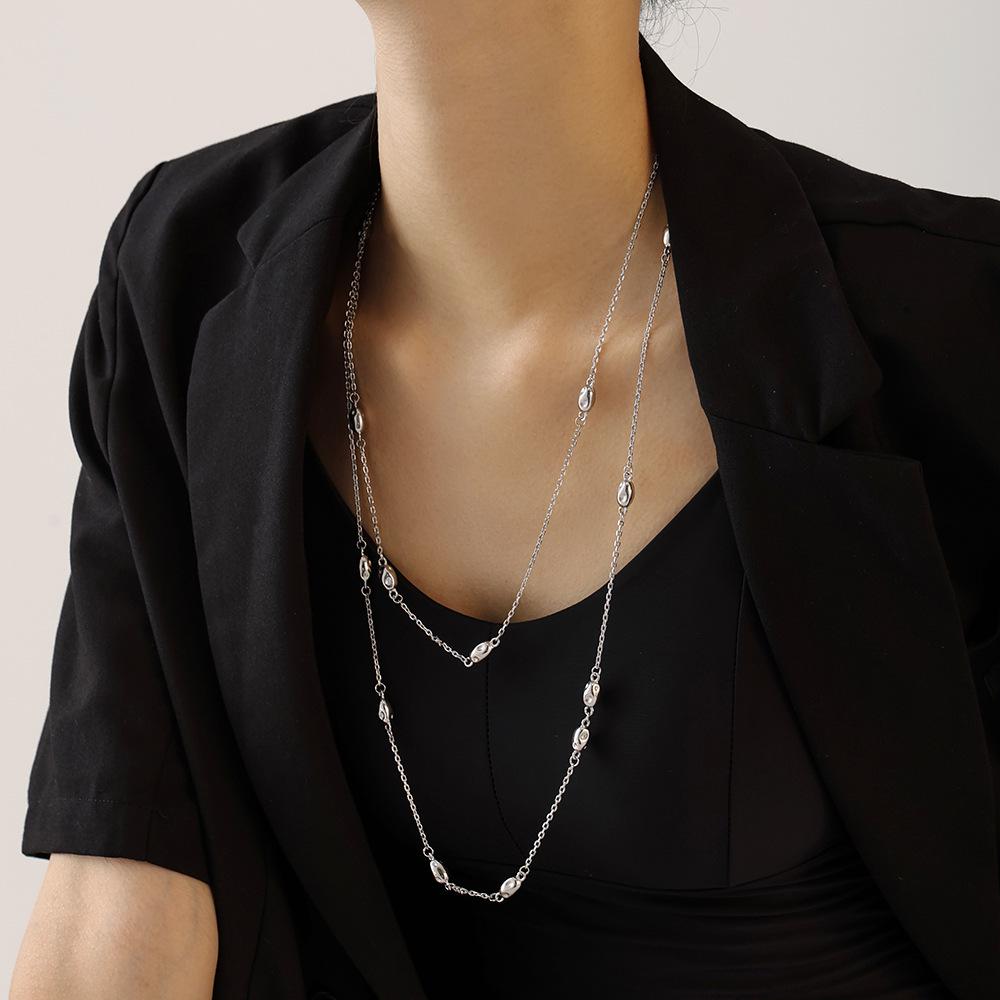 European & American Long Double-Layered Beaded Sweater Chain, Titanium Steel Clavicle Chain for Women, Simple & Versatile Design