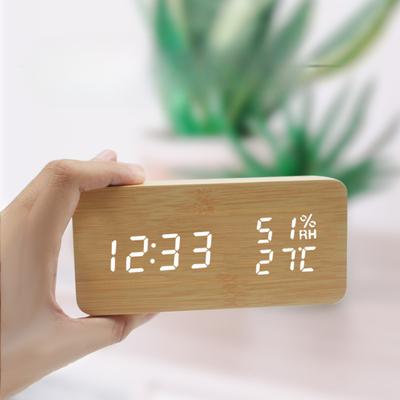 Rectangular Home Bedroom Electronic Temperature and Humidity Alarm Clock USB Voice Control LED Brightness Adjustment Digital Wood Clock