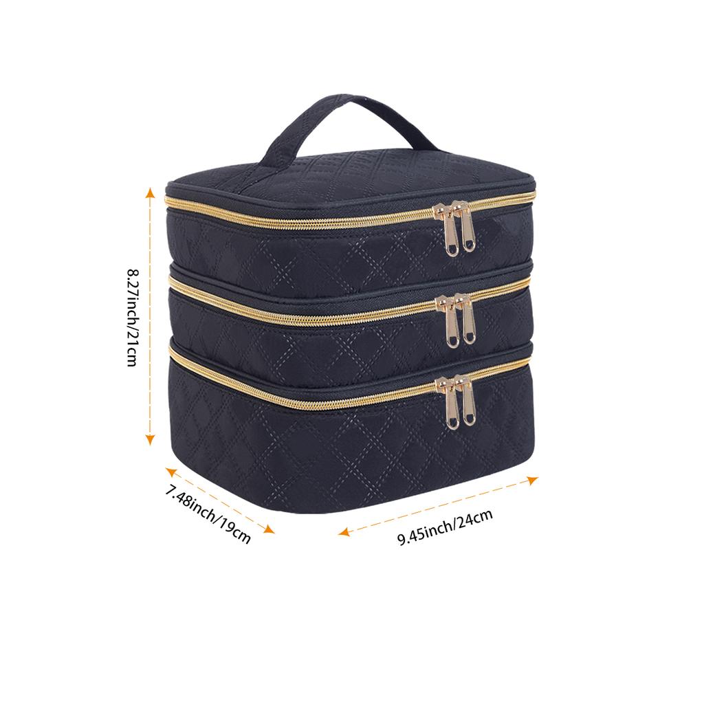 3-Layer Large Capacity Quilted Makeup Bag Organizer with Handles - Suitable for Travel and Home Organizer