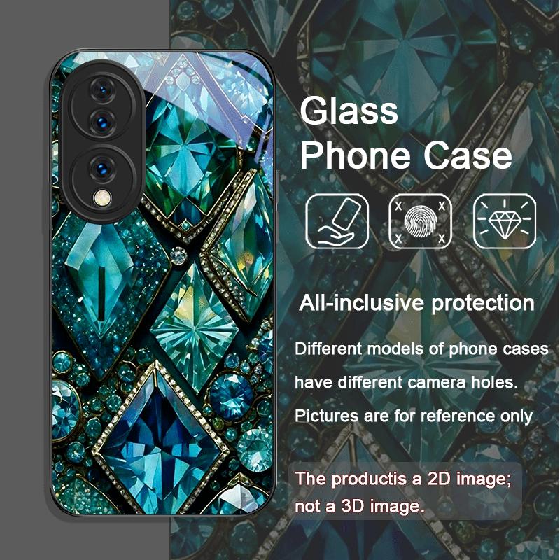 Gorgeous Emerald Pattern Tempered Glass Phone Case for Huawei Honor 200 Lite 100 300 Pro 90 GT X8 4G X9 Magic 7 6 5 Pro 5G Cover