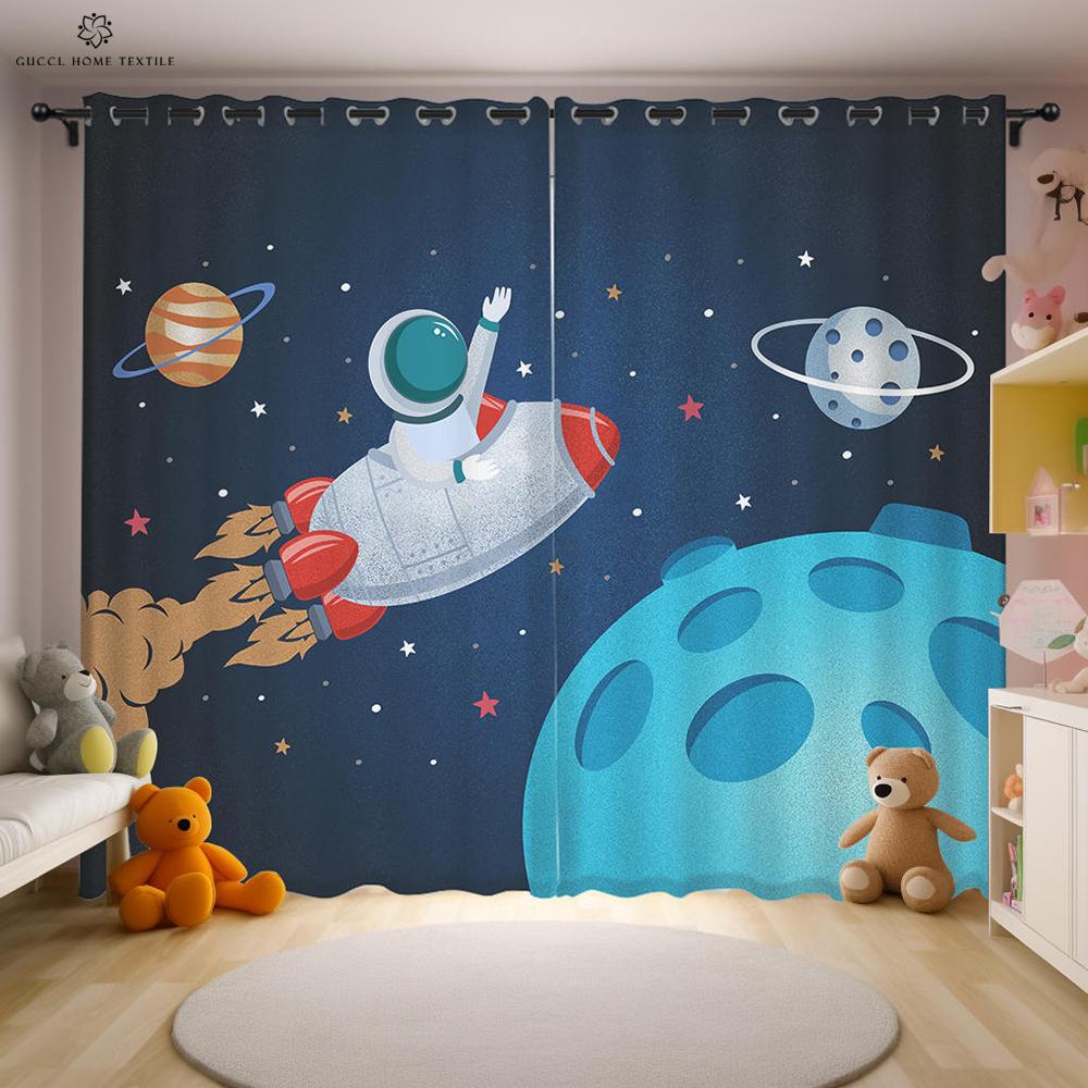 Cartoon Space Astronaut Curtains 2 Piece Puzzle Creative Printing Curtains Children's Room Kitchen Study Decorative Curtains