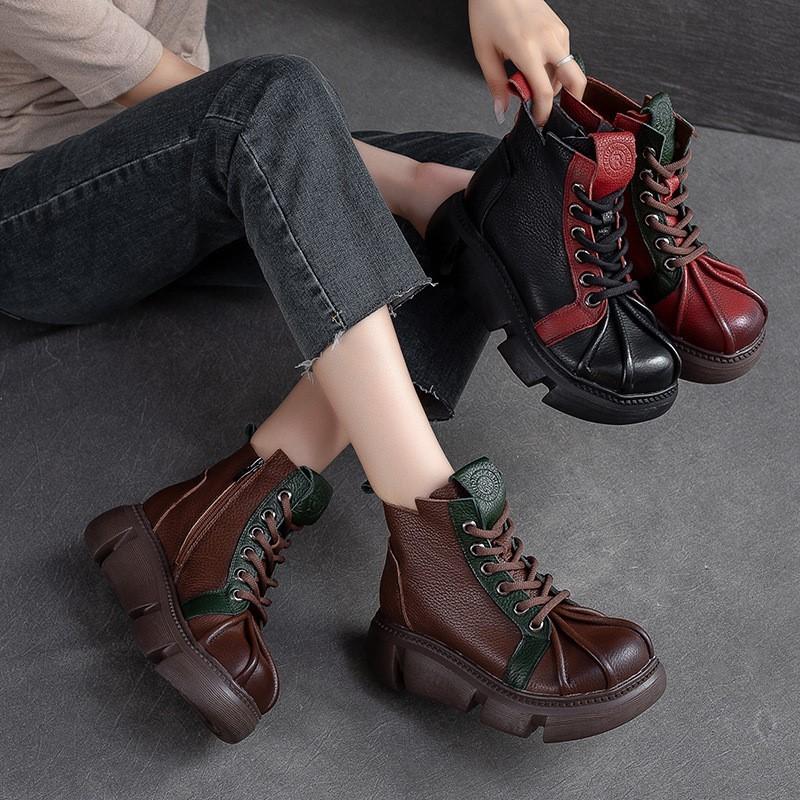 Johnature 2023 autunno inverno nuovi stivali corti retrò donna in vera pelle colori misti scarpe con plateau versatili con suola spessa
