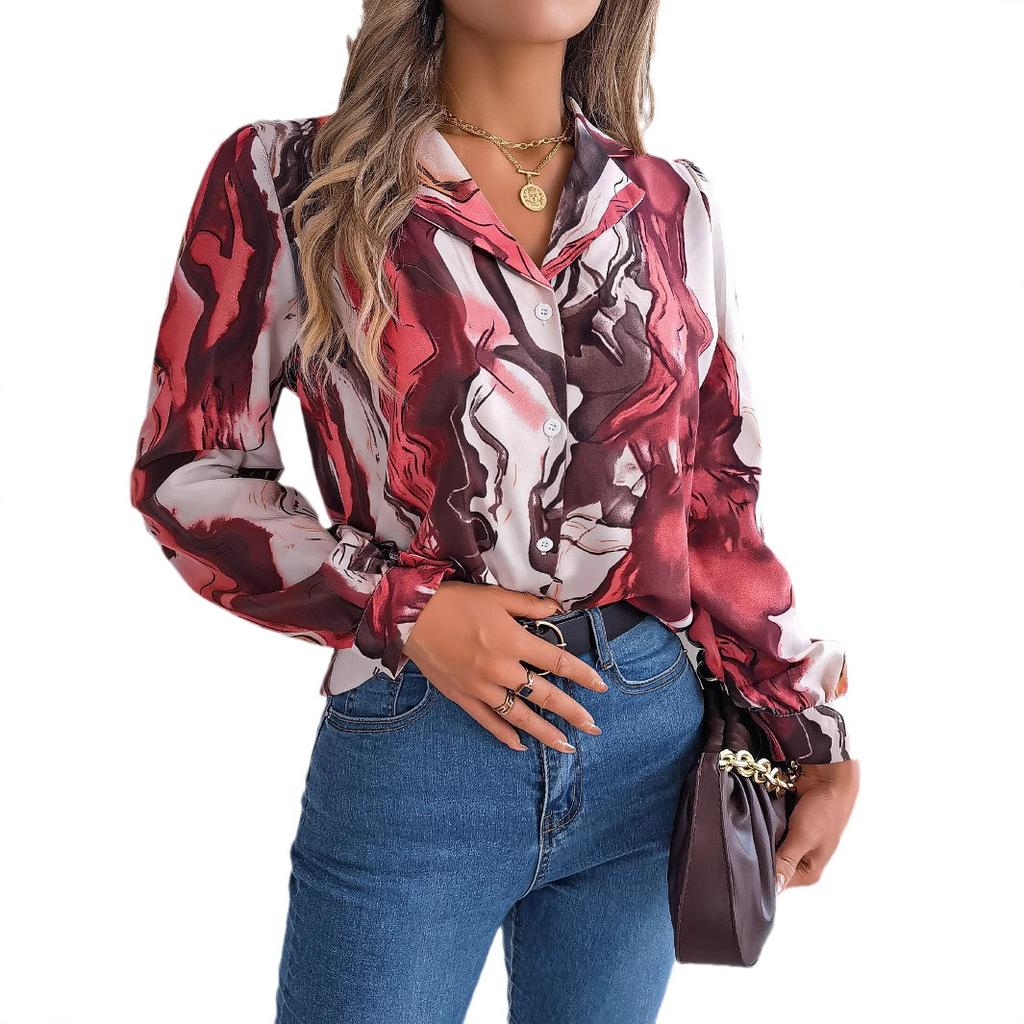 Spring Autumn Contrasting Color Shirts Women Casual Notched Long Sleeve Single Breasted Blouse Elegant Office Lady Clothes