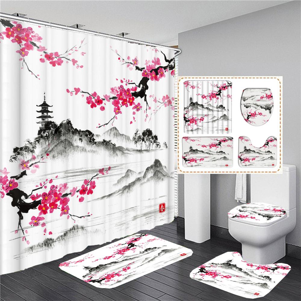 Chinese Style Flowers And Birds Waterproof Shower Curtain Set Toilet Seat Cover Bath Non-Slip Mat Rug Carpet Bathroom Decor