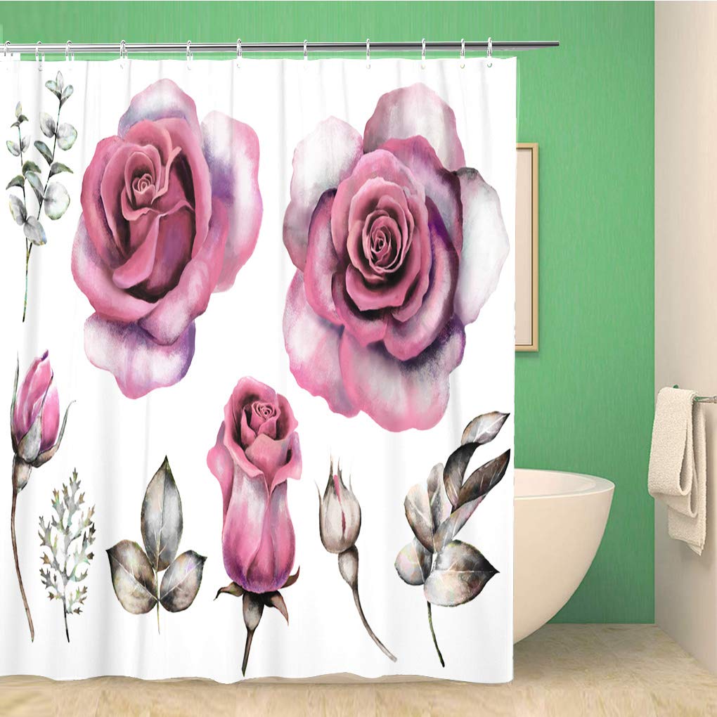

Watercolor Floral Shower Curtain Burgundy Flowers Wreath Frame With Gold Geetric Shape And Crystal Waterproof Bathroom Curtains W60H190(CM)-1 Pcs