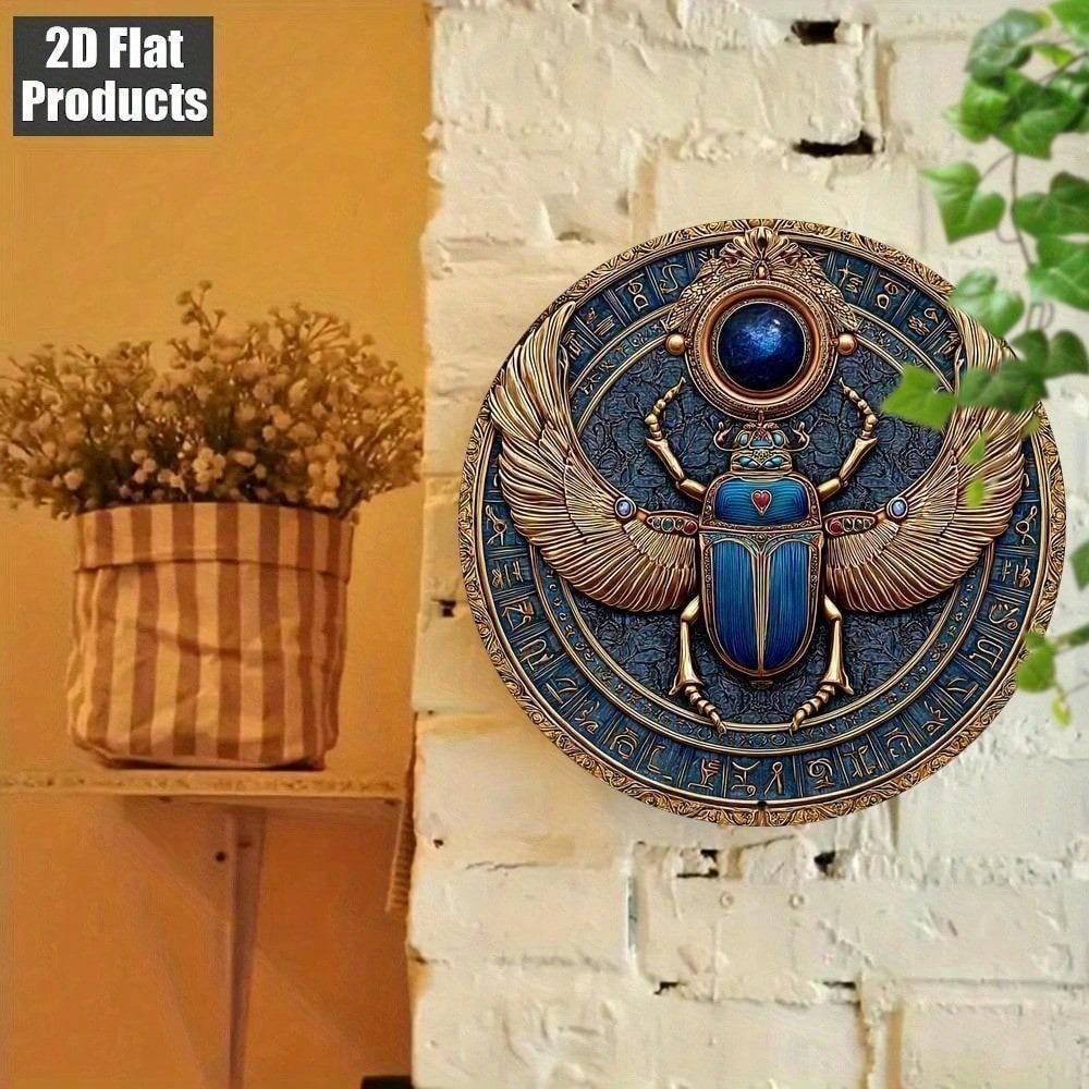 Vintage Egyptian Scarab Beetle Metal Wall Art Plaque 8x8 Inch Retro Home Decor Hieroglyphics Golden Accents 2D Flat Aluminium Sign