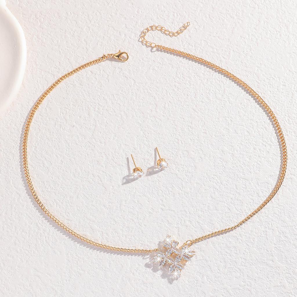 Copper Zircon High-End Necklace Stud Earrings Flower Temperament High-End Sense Collarbone Chain Girl