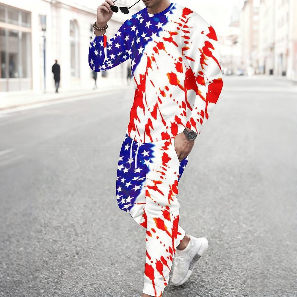 Men Dark Blue Patriotic Popsicle Print Long Sleeve Sweatshirt And Drawstring Jogger Pants Two Piece Outfit