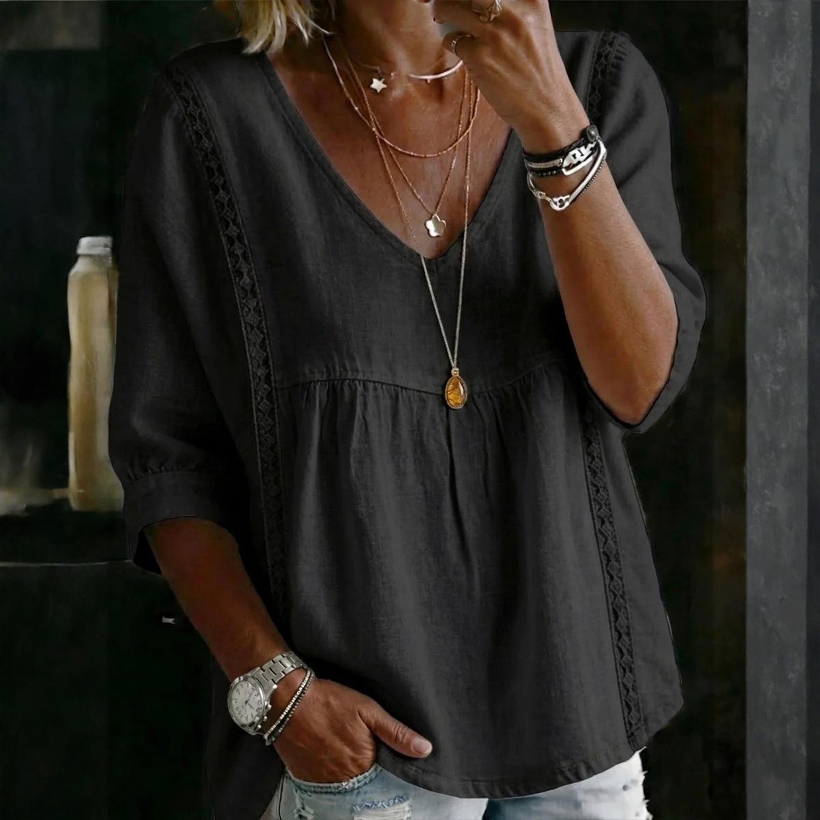 Women s Fashionable Casual Lace V-Neck Pullover, Loose-Fit Top L чёрный