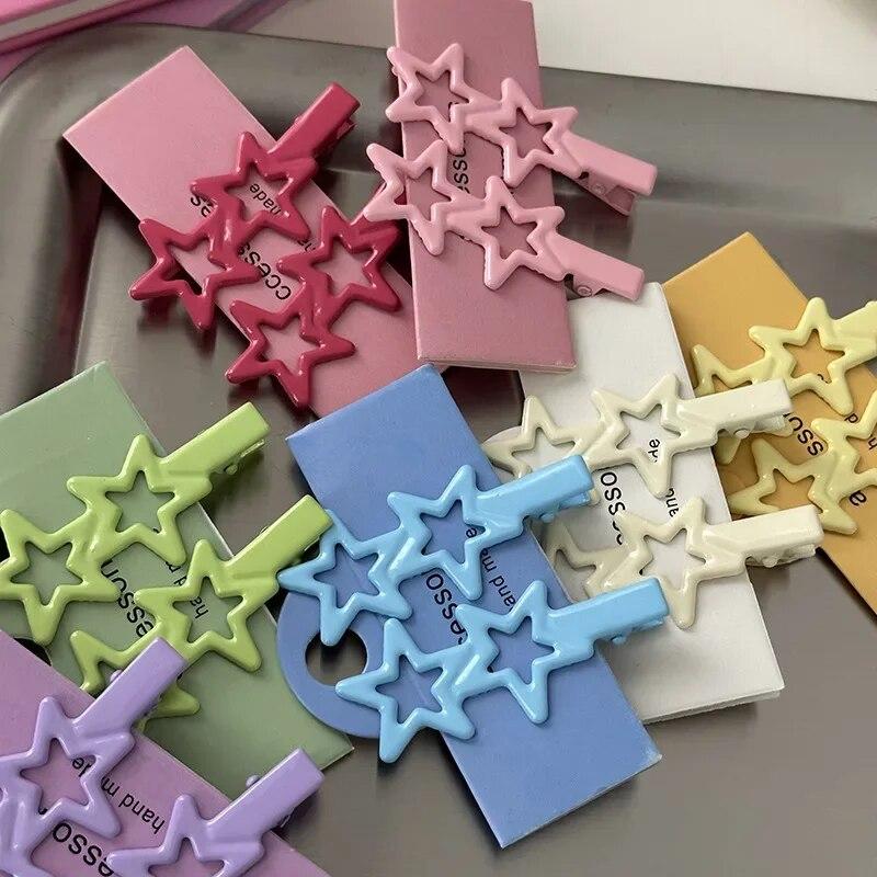2pcs Sweet Cute Star Hair Side Clip Broken Hair Fixed Clip Bangs Clip Colorful Metal Pentagram Duckbill Clip Hair Accessories