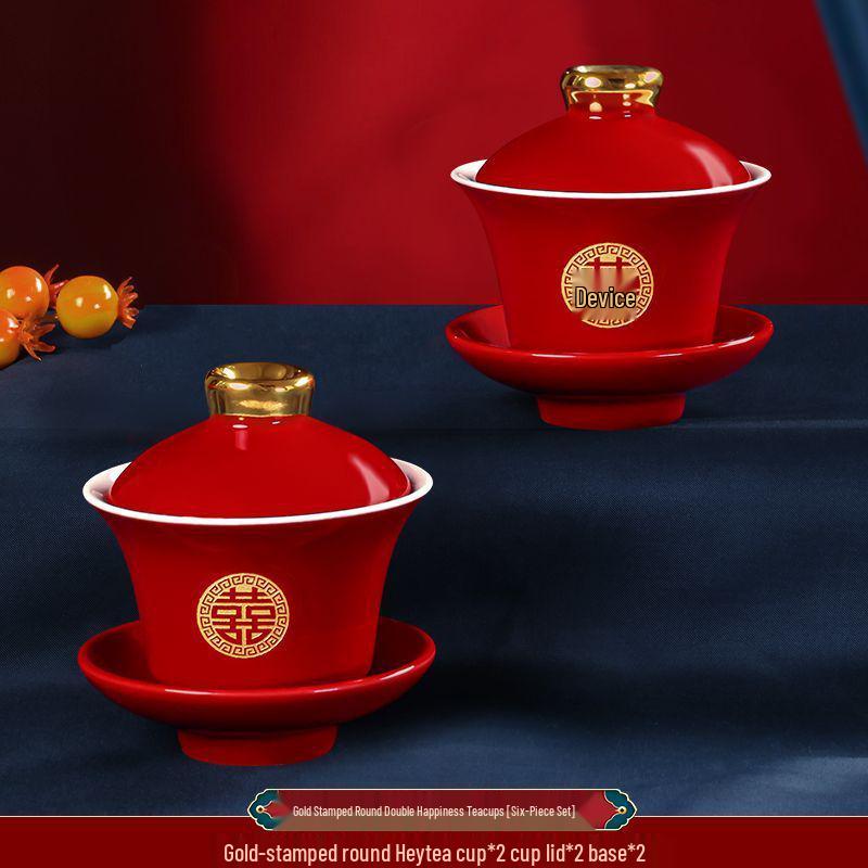 Ensemble de tasses à thé de mariage Double Bonheur: Service à thé rouge avec bol, baguettes et une paire de tasses - Parfait pour les cadeaux de mariage et la dot.