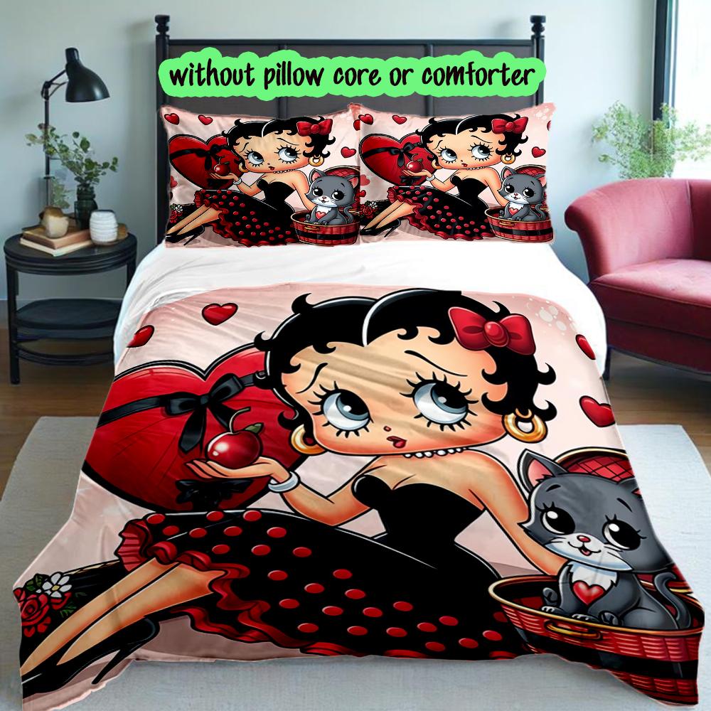 Betty Boop Duvet Cover Set - 3pcs Polyester Bedding Set with Digital Print, All-Season Cozy Bedroom Accessory