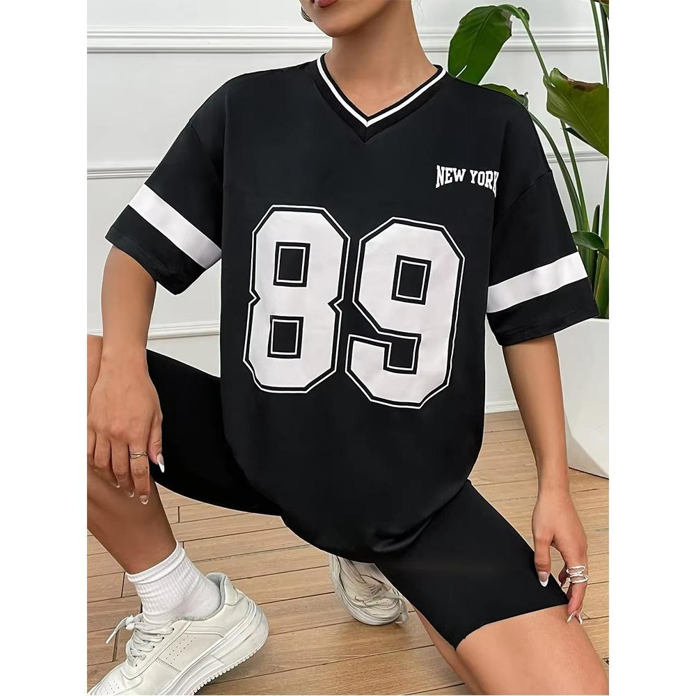 Sommer Damen T-Shirts Nummer 89 Kurzarm Trend 3D-Druck V-Ausschnitt Sport Tees Streetwear Oversized Lässige Mode Damen Top