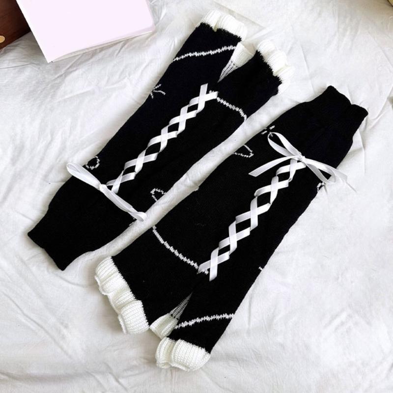 Japanese Harajuku Stretchy Knitted Leg Warmers with Star Pattern for Women Drawstring Ruffle Flared Boot Cuffs Covers