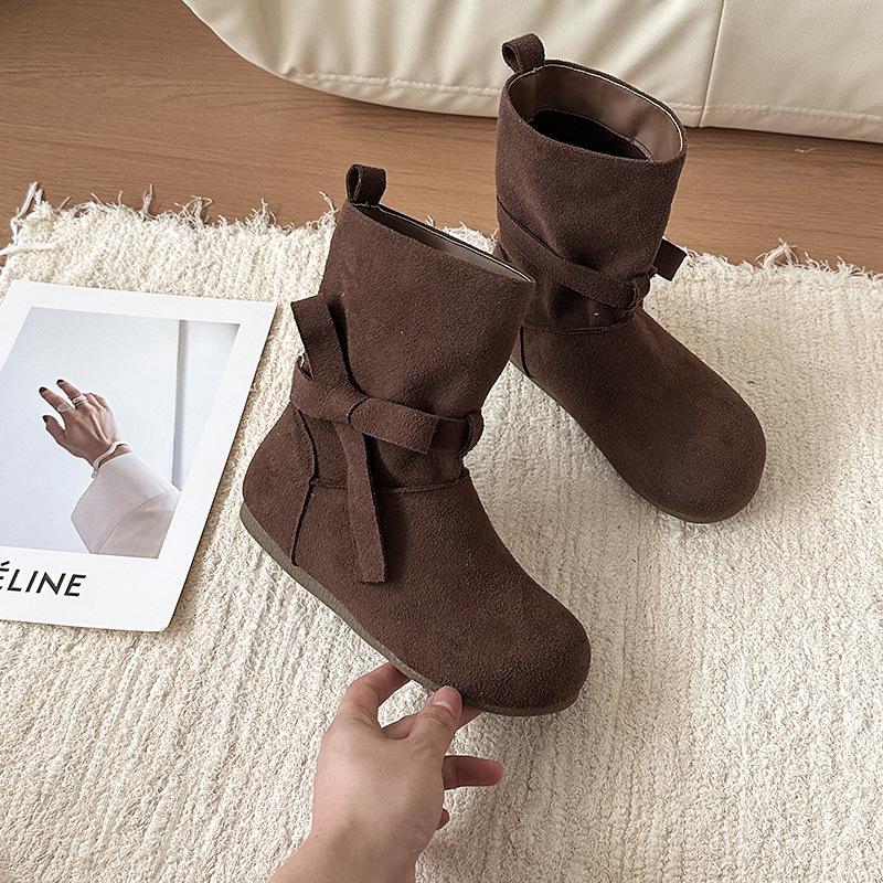 Fashion retro style bow short boots women's autumn and winter design sense lace-up single boots with skirt solid color Martin boots
