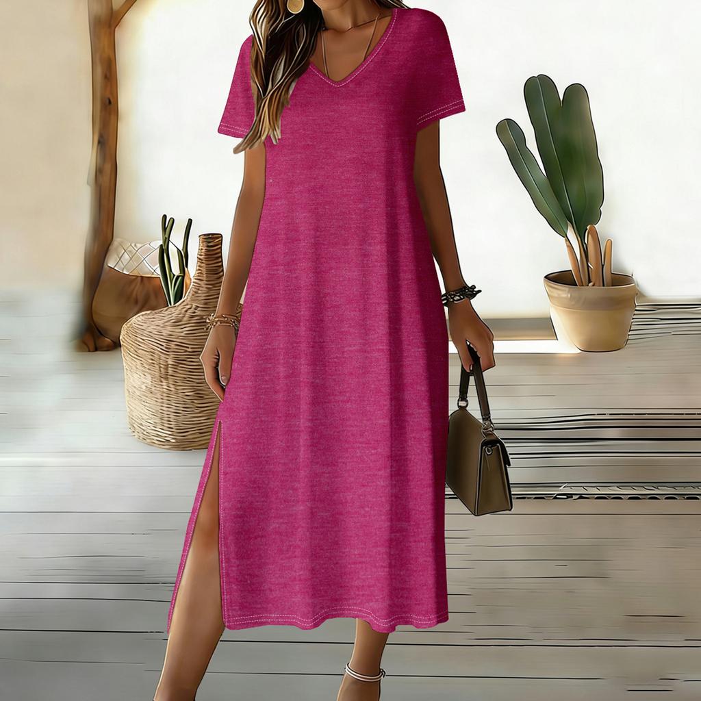 Damen Casual Lockerer V-Ausschnitt Kurzarm Rock Mit Schlitz Am Saum Und Mittellangem Design