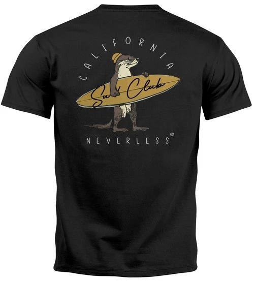 Men s Back Print California Surfing Otter Surfboard Graphic T-Shirt- L