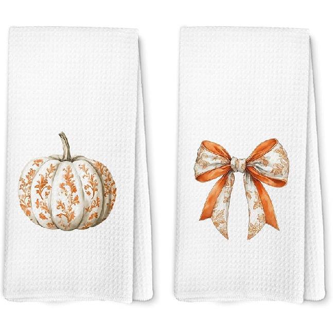 Disco Pumpkin Fall Kitchen Towels, Orange Coquette Bow Pumpkin Dish Towel for Kitchen, Trendy Fall Decor, Thanksgiving Autumn Trendy Halloween Hand