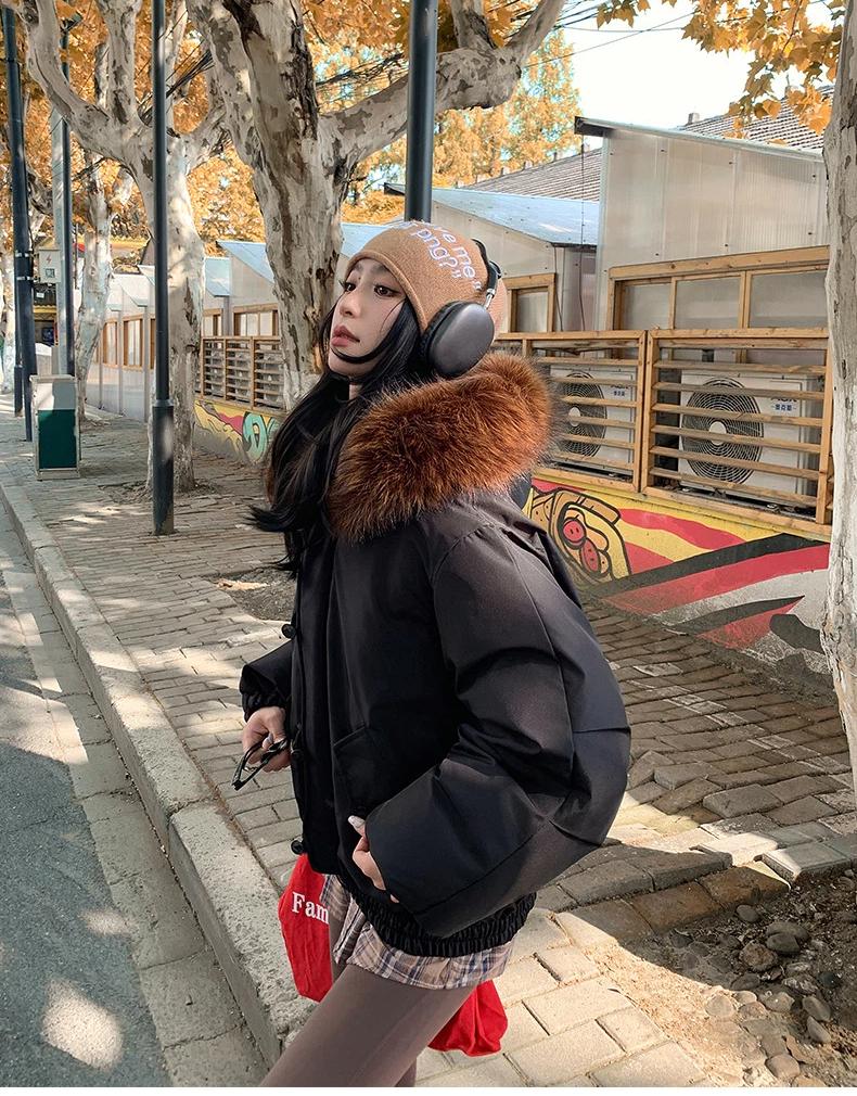 Women’s Short Hooded Windproof Thicken Warm Winter Jacket With Big Fur Lapel