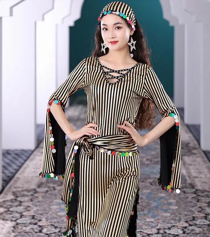 Belly Dance Hot Gold Sequin Robe, Folk Rattan Cane Dance Performance Set, Women's Oriental Dance Ethnic Dance Costume
