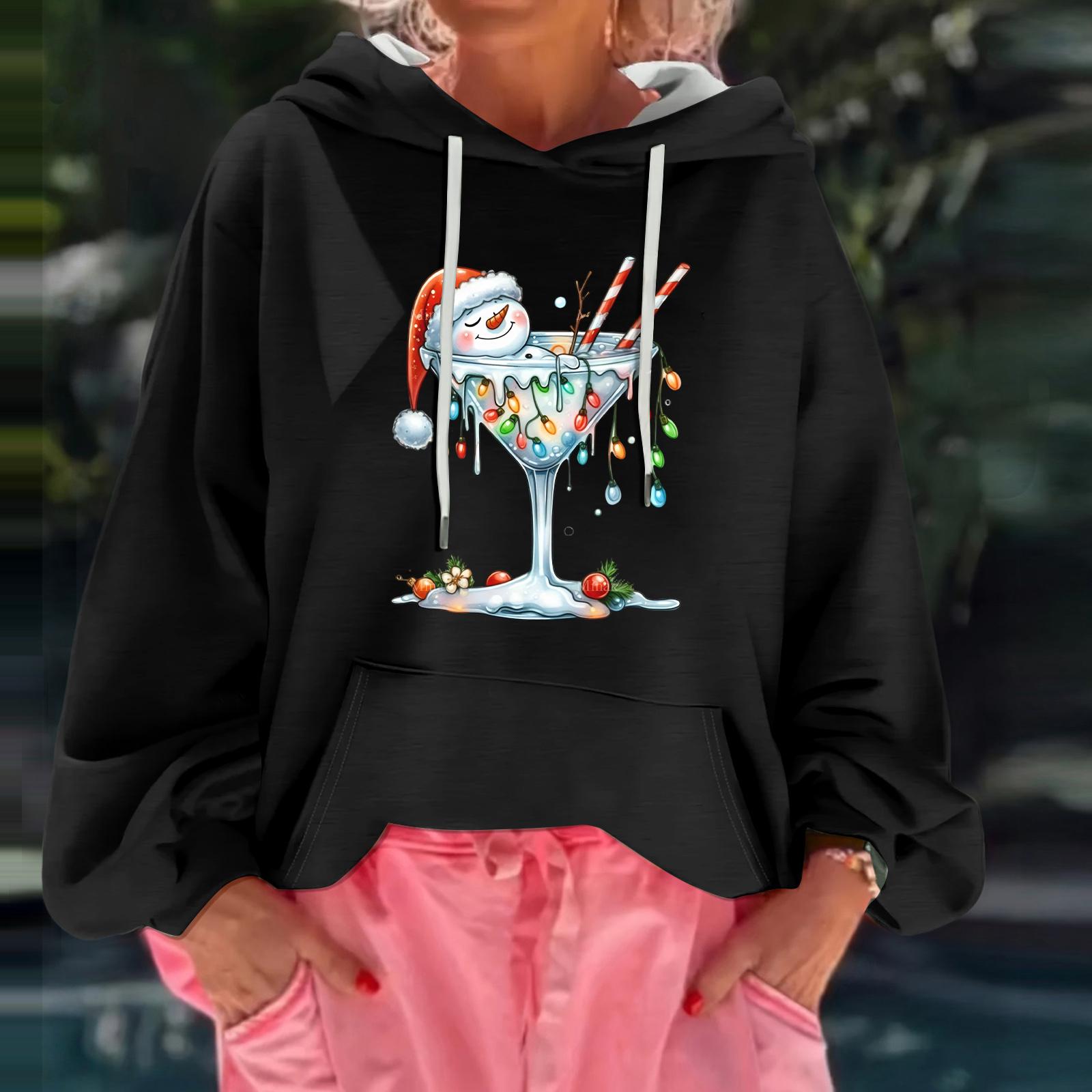 

Женский рождественский принт, свободный повседневный худи с длинным рукавом и капюшоном L чёрный