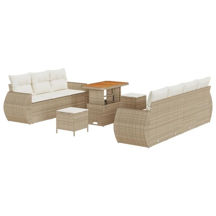 Ensemble de Canapé de Jardin de 10 Pièces avec Coussins Beige Rattan Acacia, Ensemble de Salle à Manger de Jardin 3 3363791