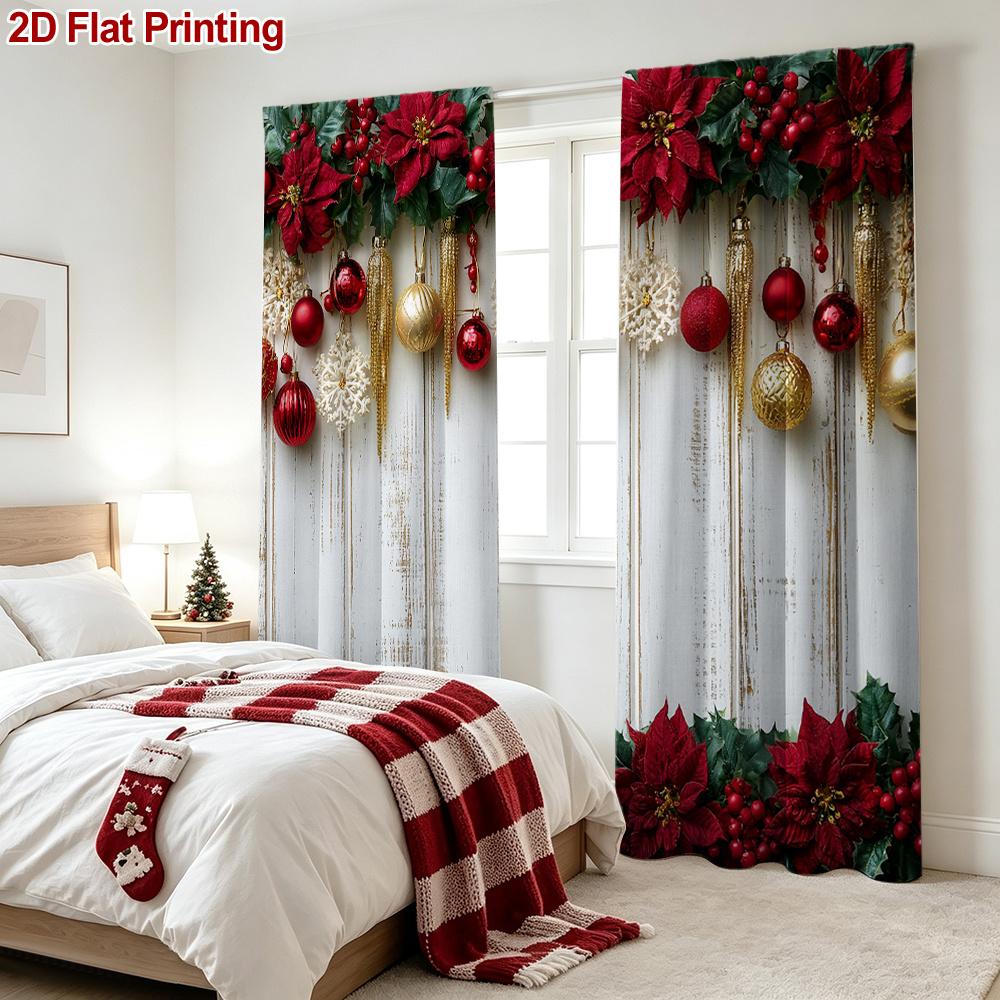 2PCS Christmas Winter Curtains, Poinsettia Berry Christmas Ornament, Digital Print, Bedroom Living Room, Rod Pocket, Home Decor