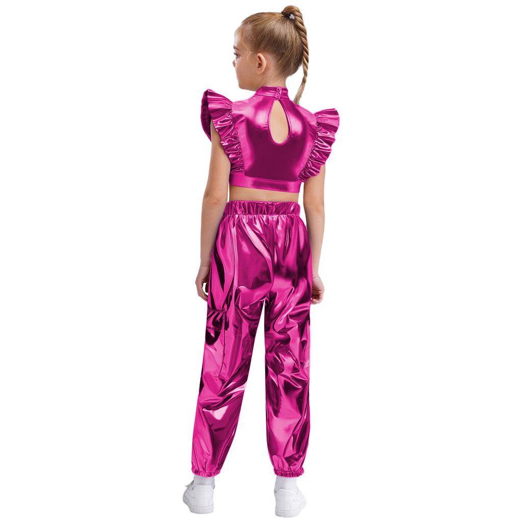 Girls Shiny Cargo Pants Metallic Ruffle Crop Top Rhinestone Adorned Mesh Patchwork Hip Hop Set