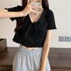 Summer French Style Niche Bow Tie Tie with Black Fungus Edge Short Knitted Sweater Women's Blue Short Top