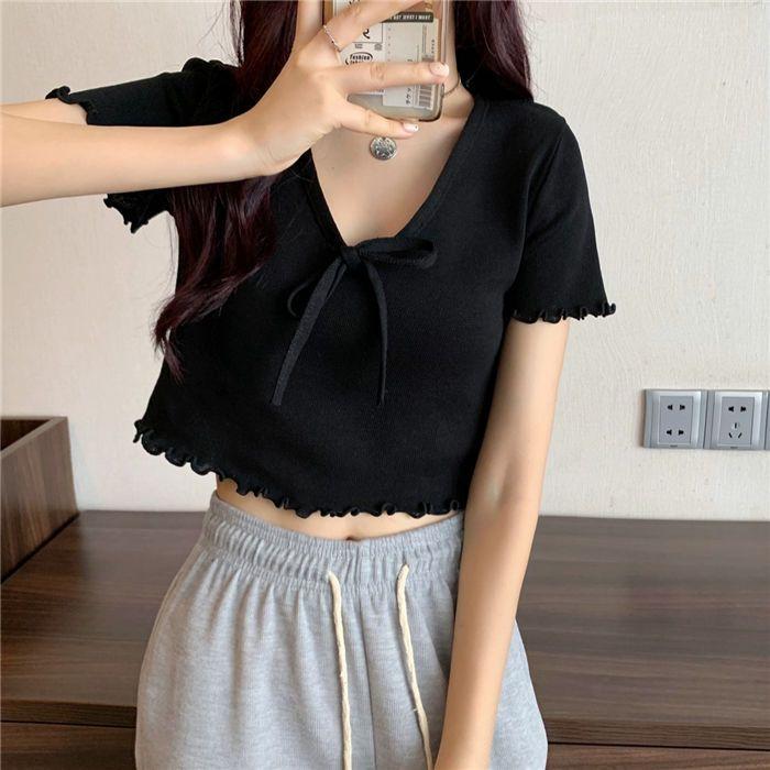 Summer French Style Niche Bow Tie Tie with Black Fungus Edge Short Knitted Sweater Women's Blue Short Top