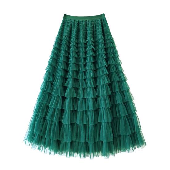 Saia Bolo Feminina Cintura Alta Elástica Linha A Barra com Babados Multicamadas Cor Sólida Saia Longa Trabalho Lazer Uso Diário