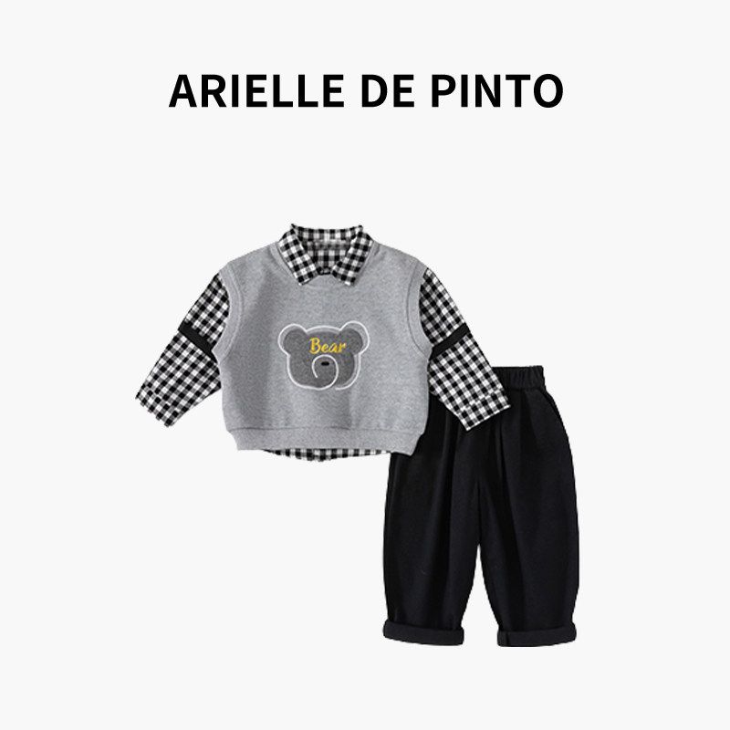 French Arielle De Pinto Spring and Autumn Suits for Boys and Girls, Fashionable Children s Two-Piece Set, Stylish and Casual Gray + Black and White Grid + Black 120