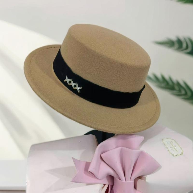 Top Hat Autumn and Winter Flat Hat French Retro Fashion Felt Hat Fashion Versatile Flat Elegant Hat Women's Winter Self-operated