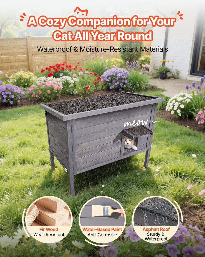 Beheiztes Katzenhaus, Isoliertes Holz-Katzenhaus für Freigänger, Wasserdichtes Unterschlupf für Streunerkatzen mit Heizmatte, PVC-Klappentür & Aufklappbares Bitumendach