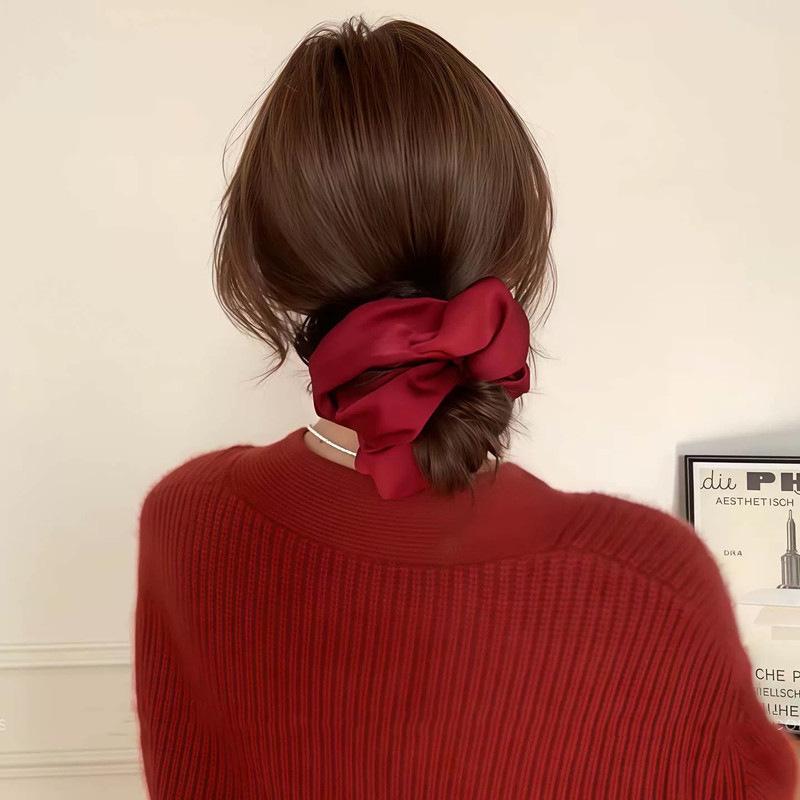 

New Year s wine red large intestine hair tie for women 2025 new high-end temperament ball hair rope versatile satin headband