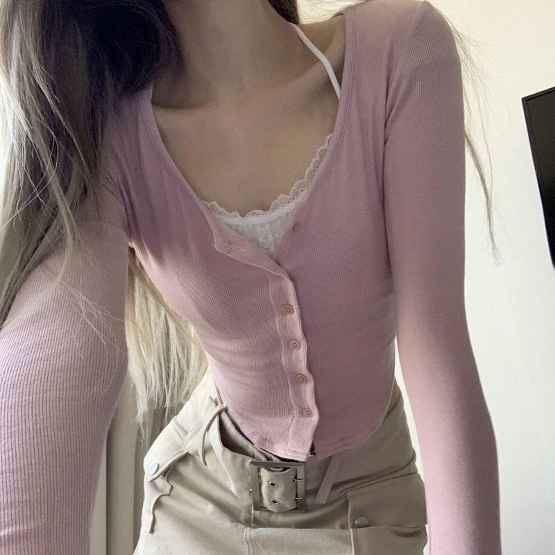 

Pink Pure Lust Lace Thin Women s Clothing Splicing Low Collar Age-reducing White Hot Girl Long-sleeved Top Spring and Autumn XL рожевий