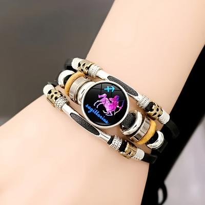 Zodiac-Themed Glow-In-The-Dark Pu Leather Bracelet, A Cool Multi-Layered Beaded Bracelet Suitable For Both Men And Women.