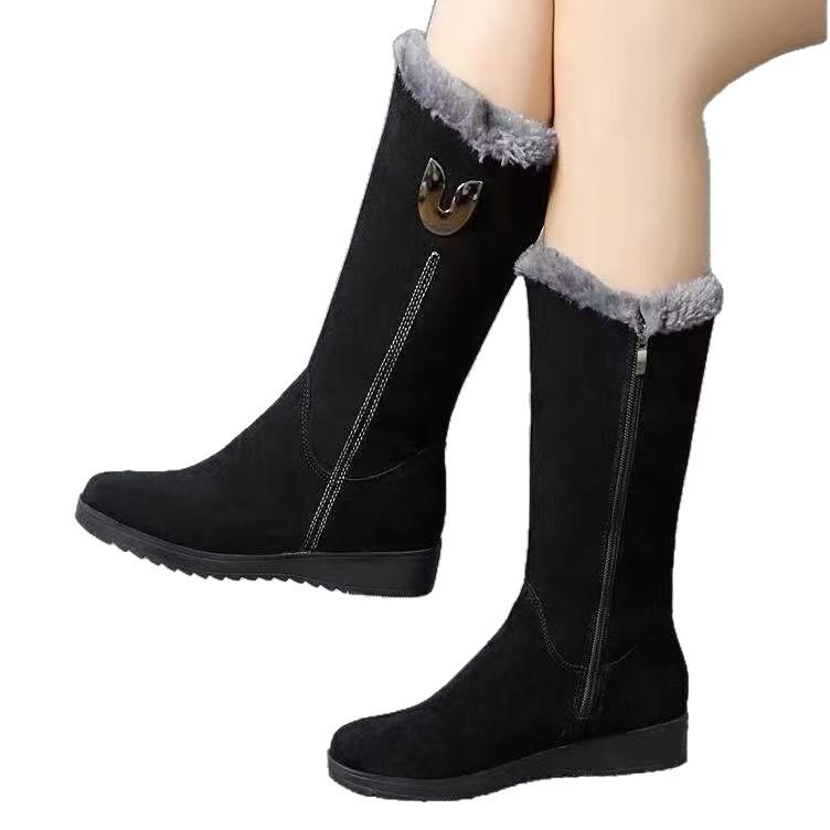 Winter versatile women's boots women's shoes fleece thickened medium tube Martin boots wedge heel non-slip warm side zipper cotton