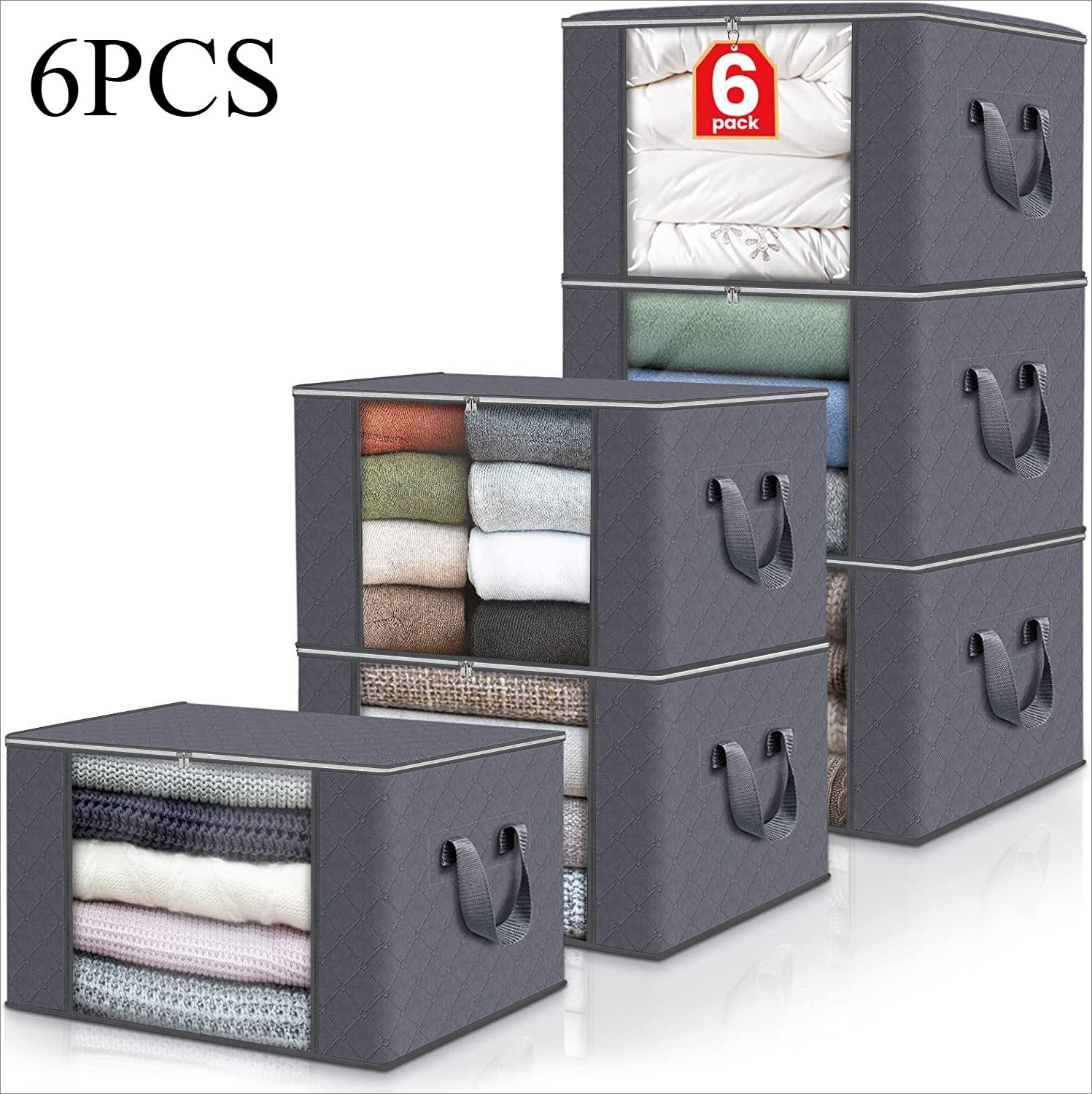 

6 шт. сверхбольшой мешок для хранения объемом 23,78 галлона с молнией и крышкой - Складной и прочный органайзер для одежды, подходящий для постельных принадлежностей