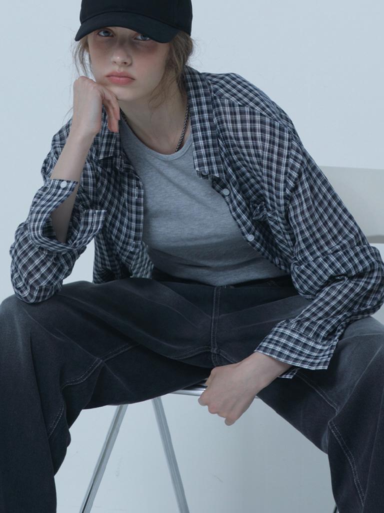 MORELIKEIT Check See-Through Cover-Up Shirt Navy