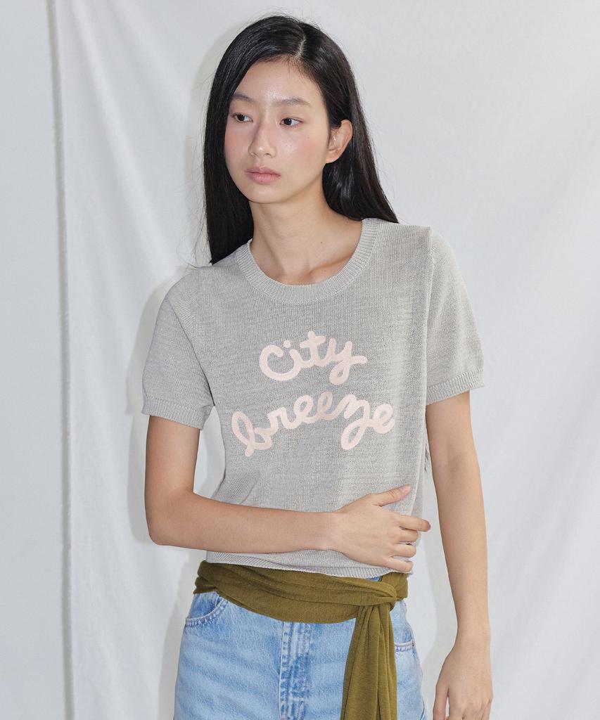 CITYBREEZE Bold Cursive Logo Embroidered Round Neck Short Sleeve Knit_2 Colors