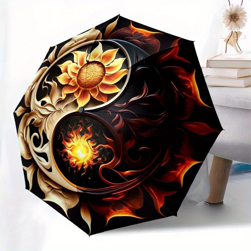 Yin Yang, Fire Flower themed Eight rib Automatic Folding Umbrella Is Suitable for Both Men and Women, Making It A Perfect Christmas and Vale
