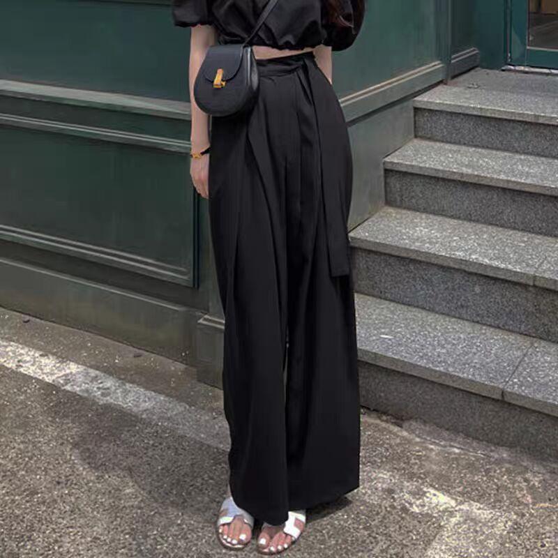 Women's Gray Wide Leg Pants with Belt and Pleated Detail