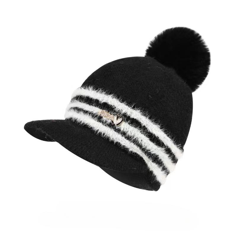 New Autumn and Winter Striped Hat Outdoor Plush Windproof Wool Hat Girl Hairball Ear Protector Knitted Cap