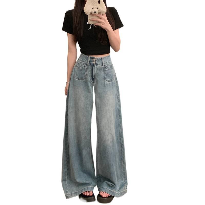 American retro design wide-leg jeans women's summer high-waisted large-size loose and thin floor-mopping straight-leg pants